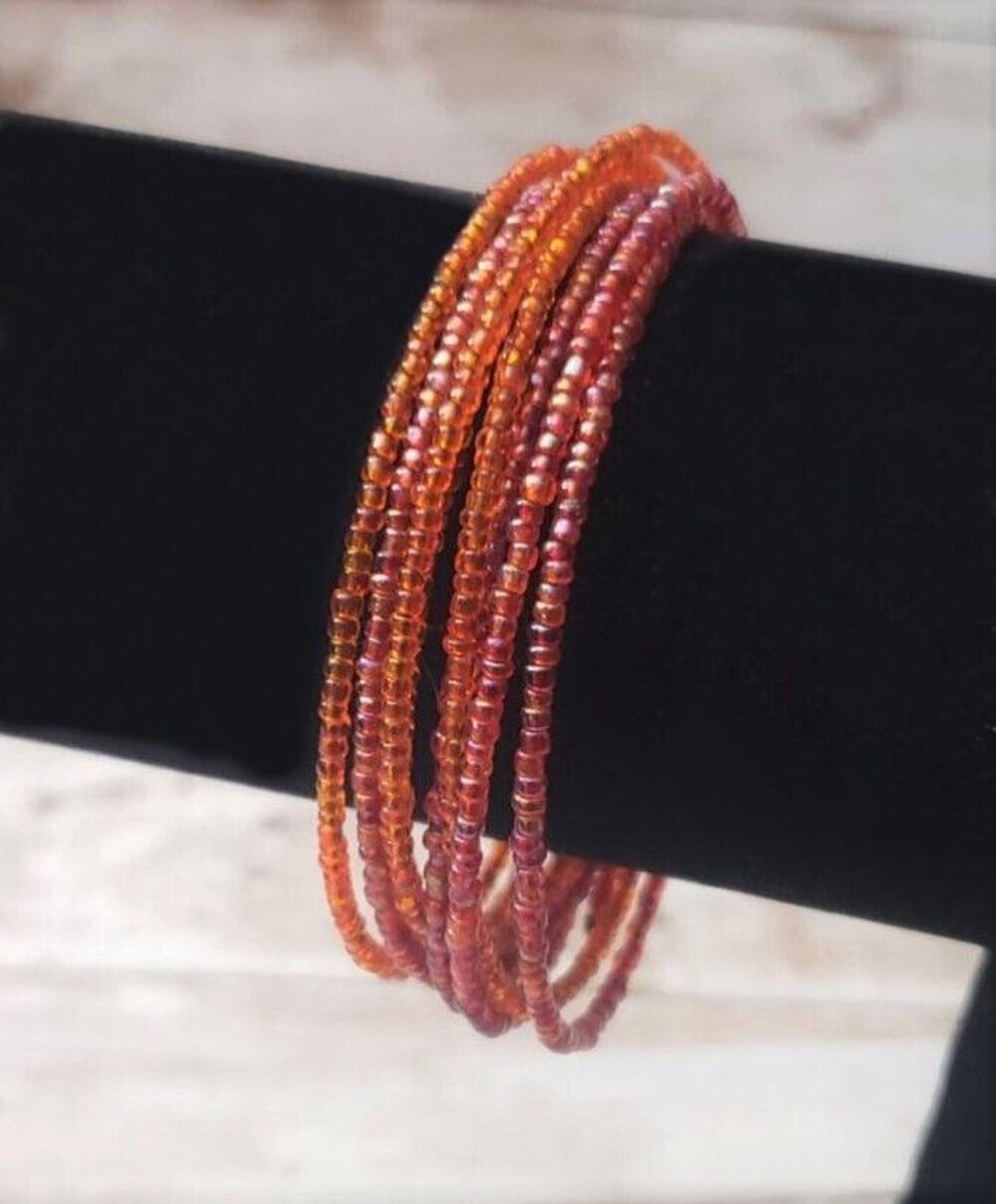 Vintage Bracelet - 8" Red/Orange Beaded Multi Layer Bracelet